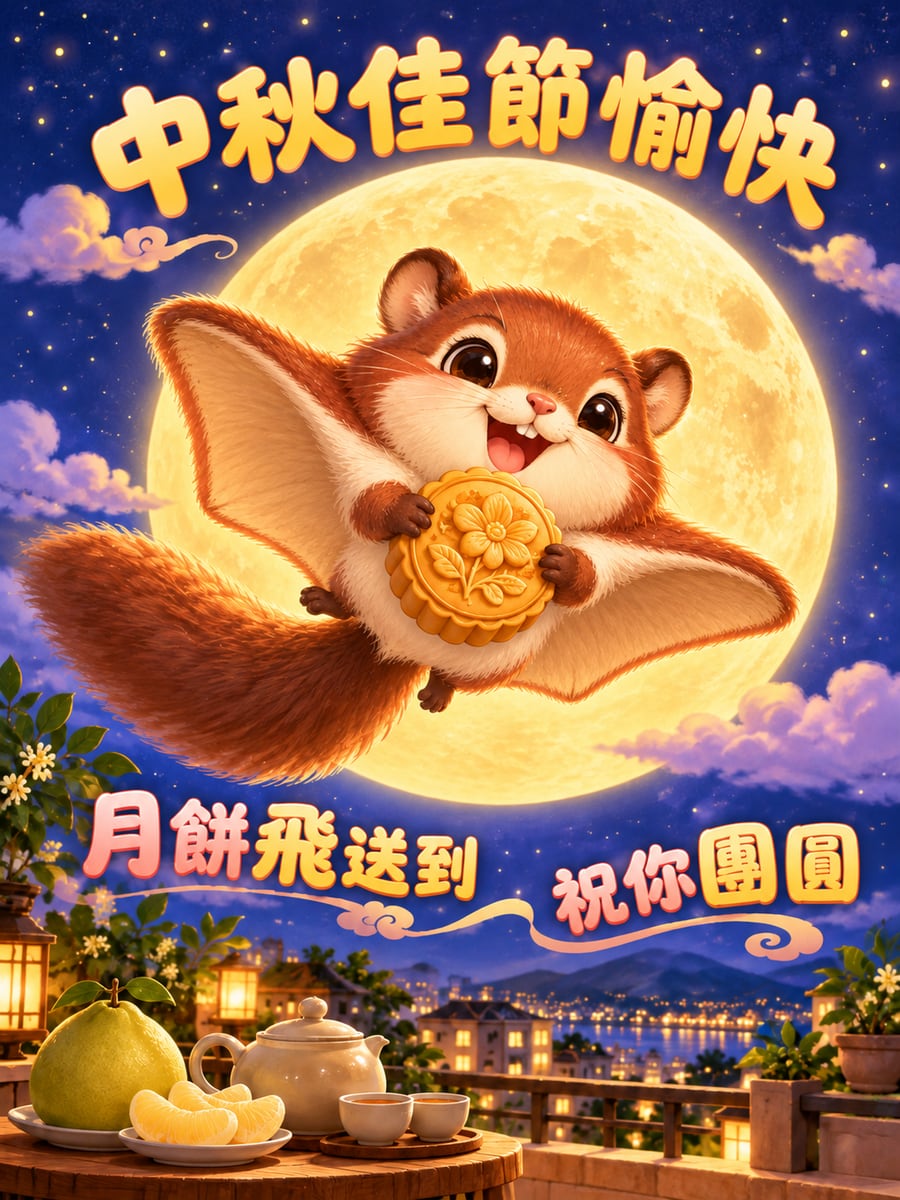 鼯鼠飛送月餅。圖中文字：中秋佳節愉快，月餅飛送到，祝你團圓