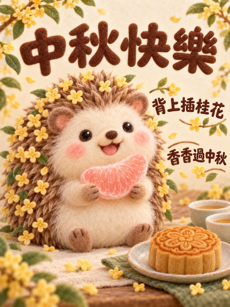 刺蝟背上插桂花。圖中文字：中秋快樂，背上插桂花，香香過中秋