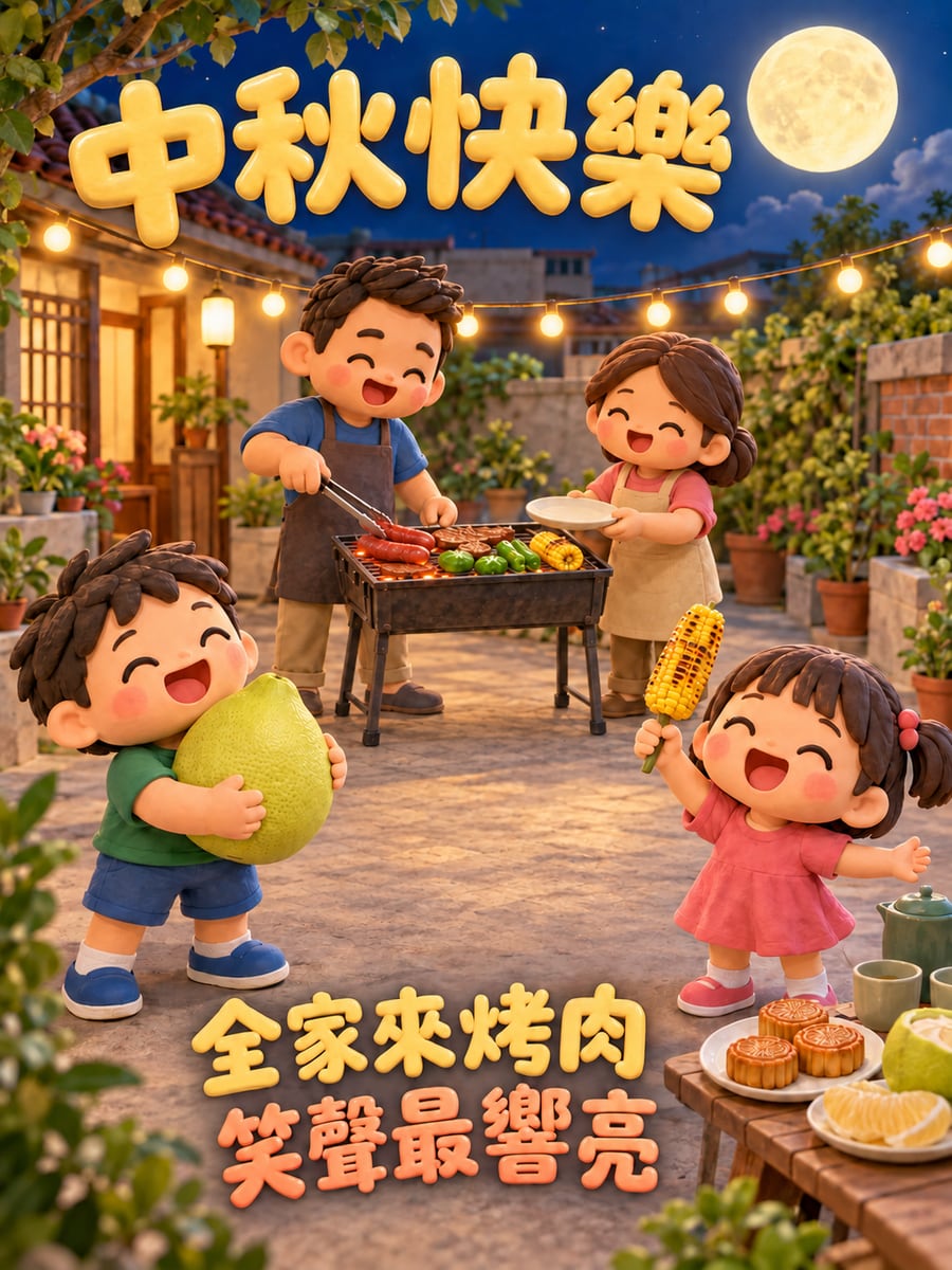 Q版全家烤肉。圖中文字：中秋快樂，全家來烤肉，笑聲最響亮
