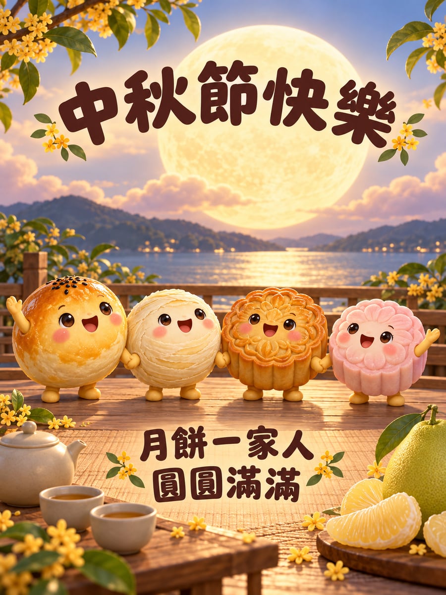 月餅一家人。圖中文字：中秋節快樂，月餅一家人，圓圓滿滿