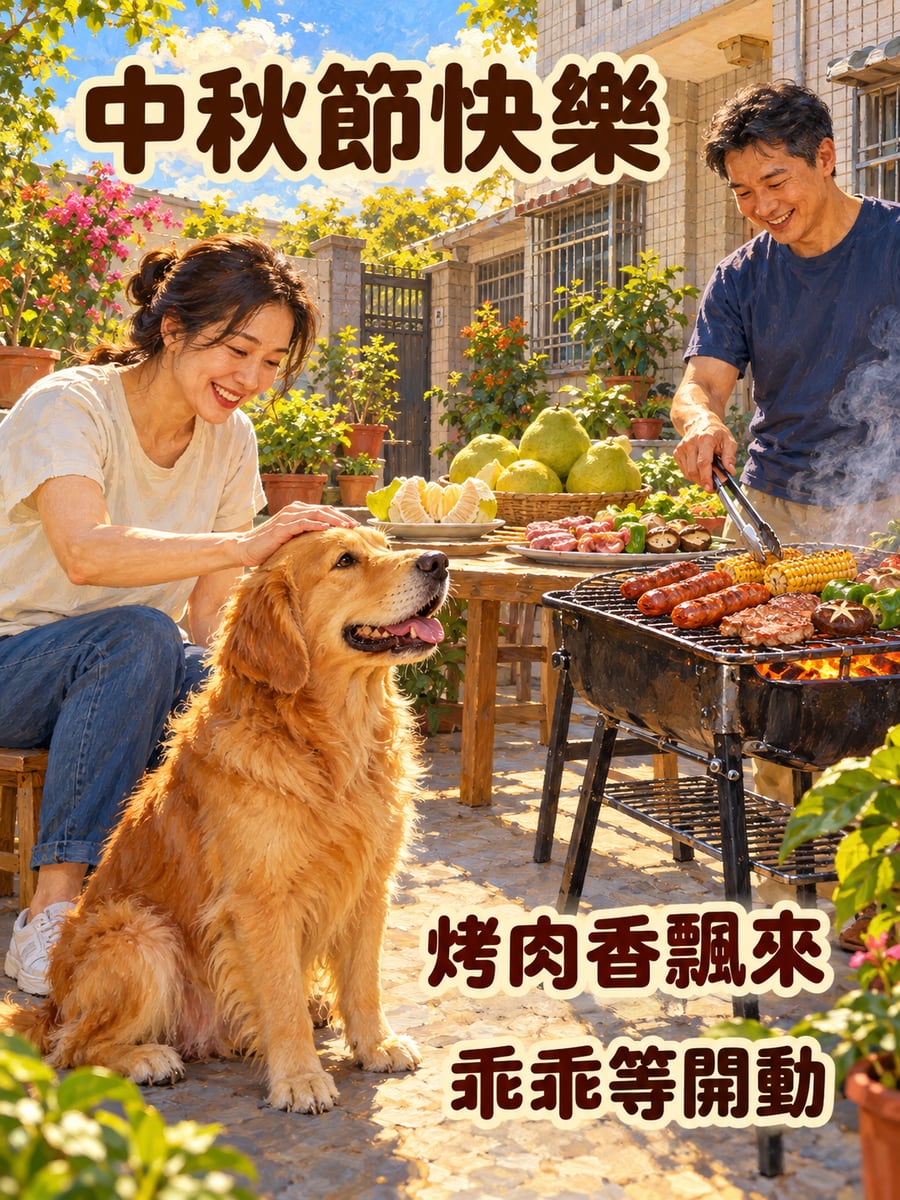 黃金獵犬等烤肉。圖中文字：中秋節快樂，烤肉香飄來，乖乖等開動
