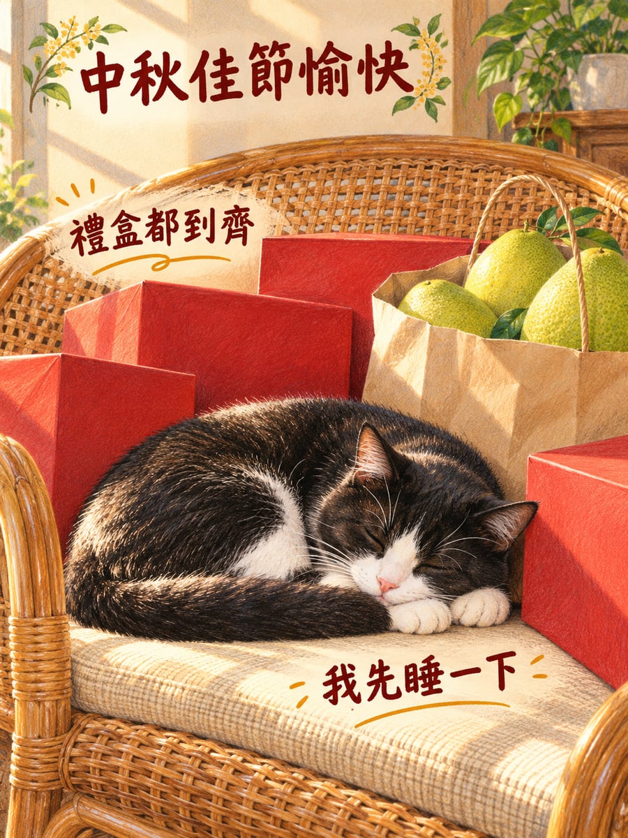 賓士貓睡在禮盒堆裡。圖中文字：中秋佳節愉快，禮盒都到齊，我先睡一下