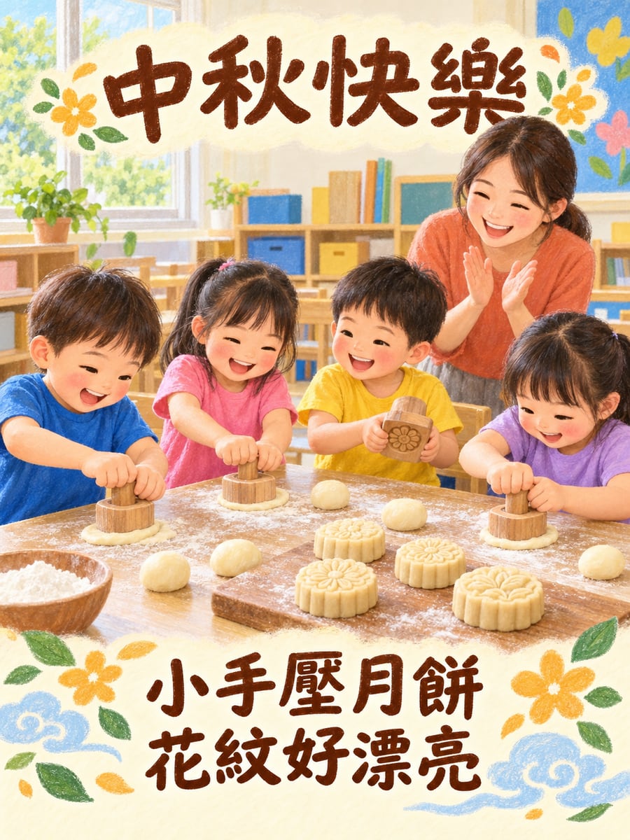 幼兒園壓月餅。圖中文字：中秋快樂，小手壓月餅，花紋好漂亮