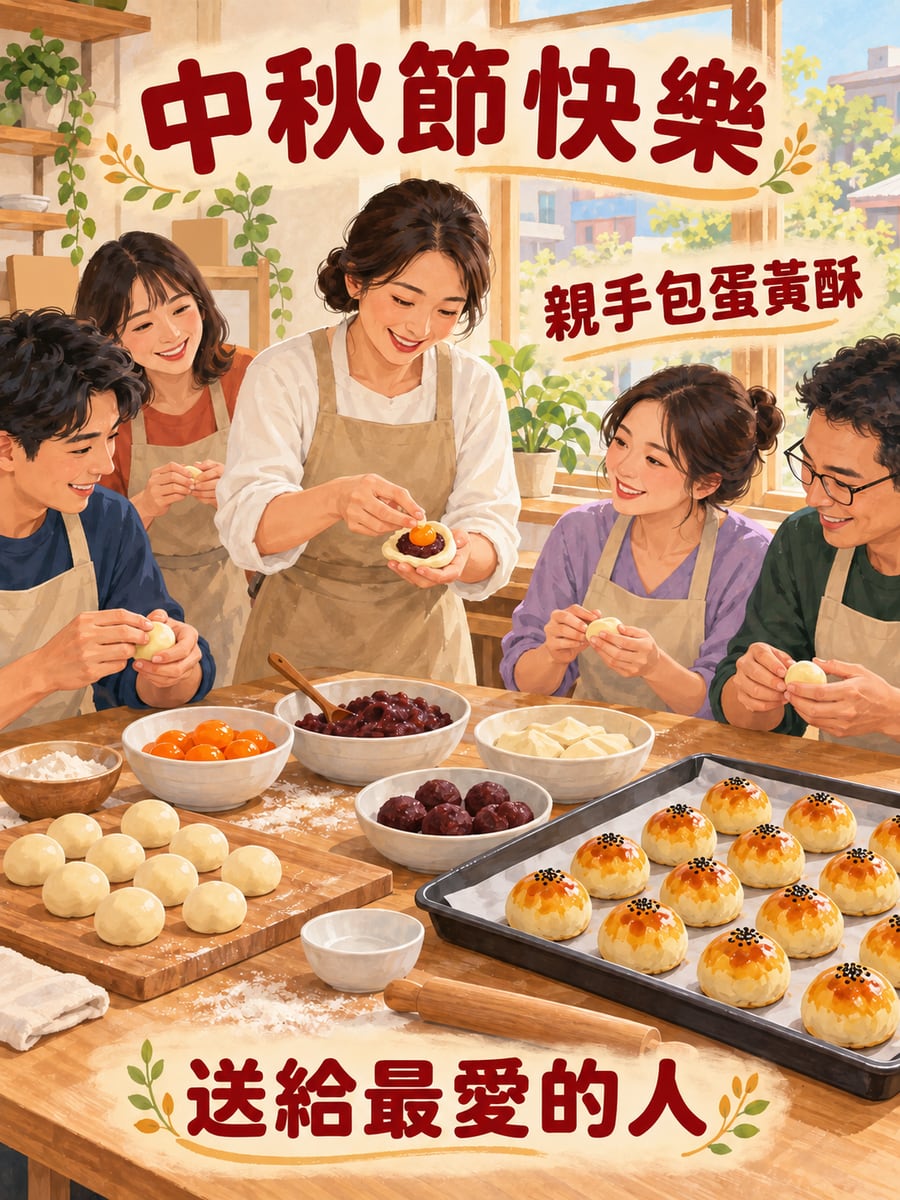 烘焙教室包蛋黃酥。圖中文字：中秋節快樂，親手包蛋黃酥，送給最愛的人