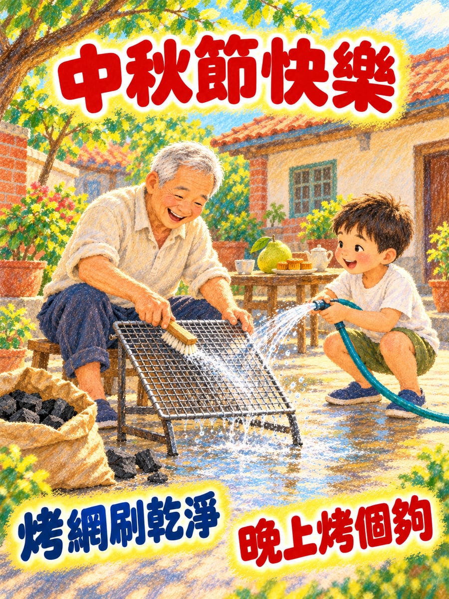 阿公刷烤肉網。圖中文字：中秋節快樂，烤網刷乾淨，晚上烤個夠