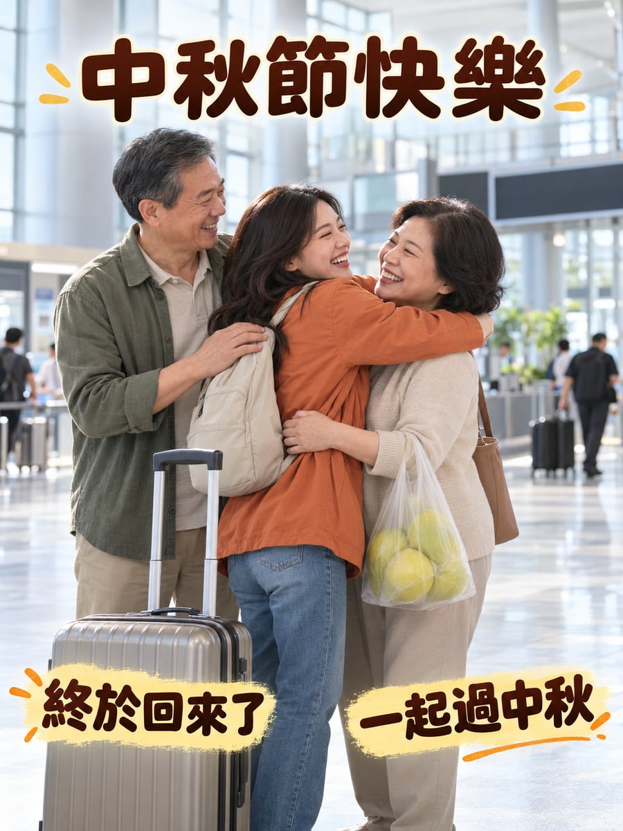 接機團圓。圖中文字：中秋節快樂，終於回來了，一起過中秋