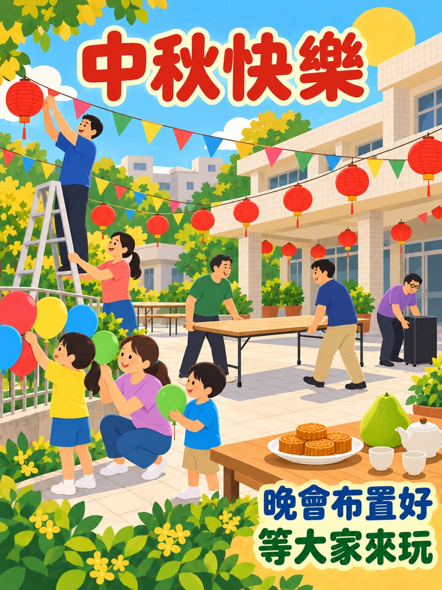 布置中秋晚會。圖中文字：中秋快樂，晚會布置好，等大家來玩