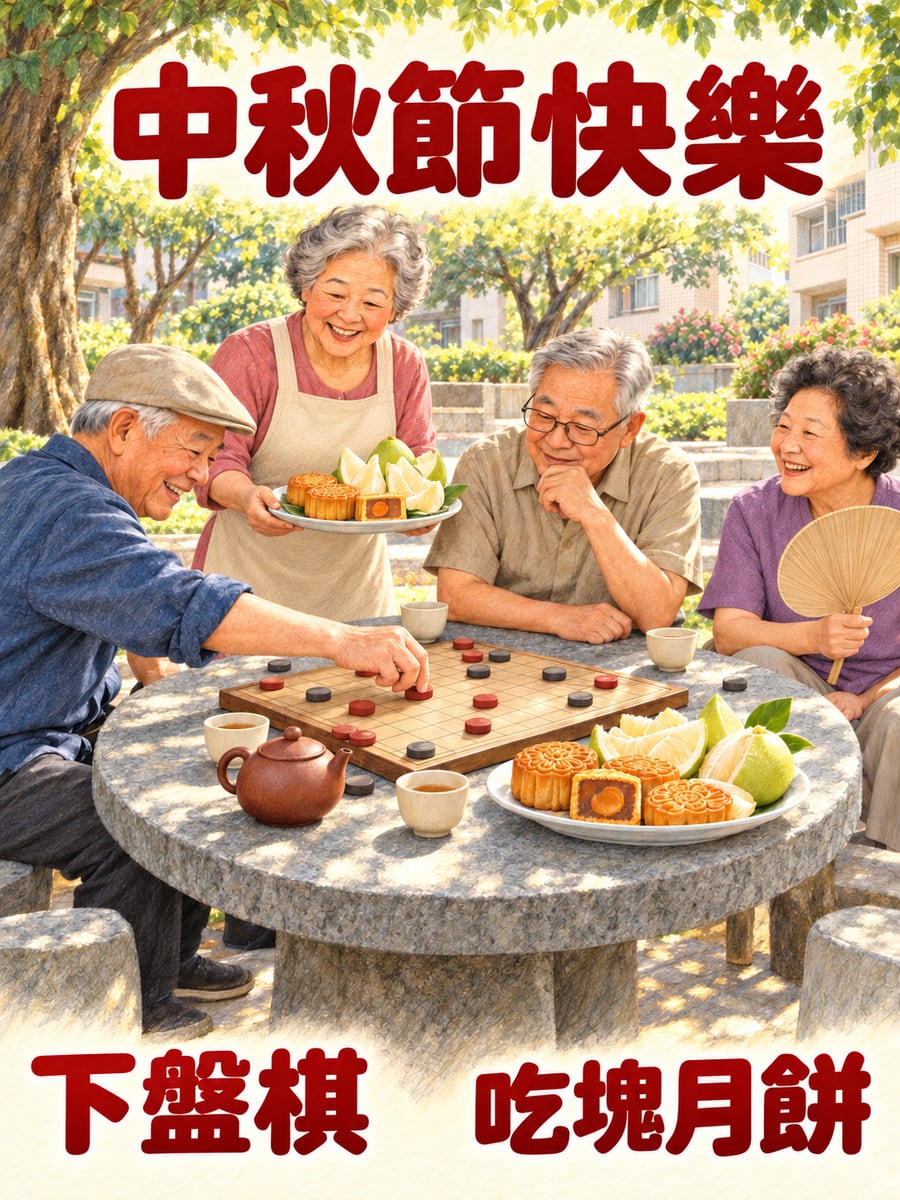 樹蔭下棋配月餅。圖中文字：中秋節快樂，下盤棋，吃塊月餅