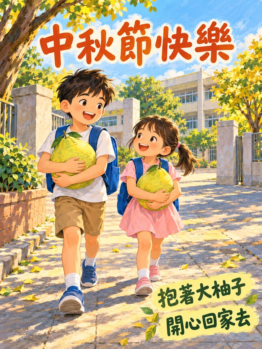 放學抱柚子回家。圖中文字：中秋節快樂，抱著大柚子，開心回家去