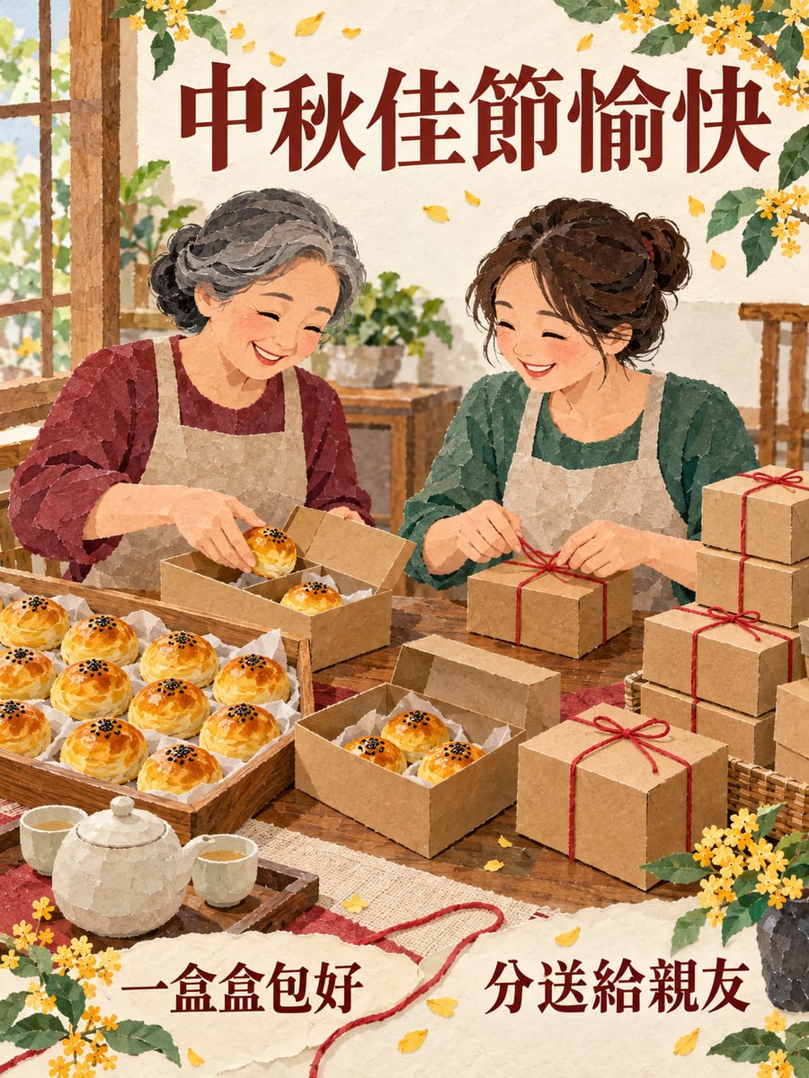婆媳一起包禮盒。圖中文字：中秋佳節愉快，一盒盒包好，分送給親友