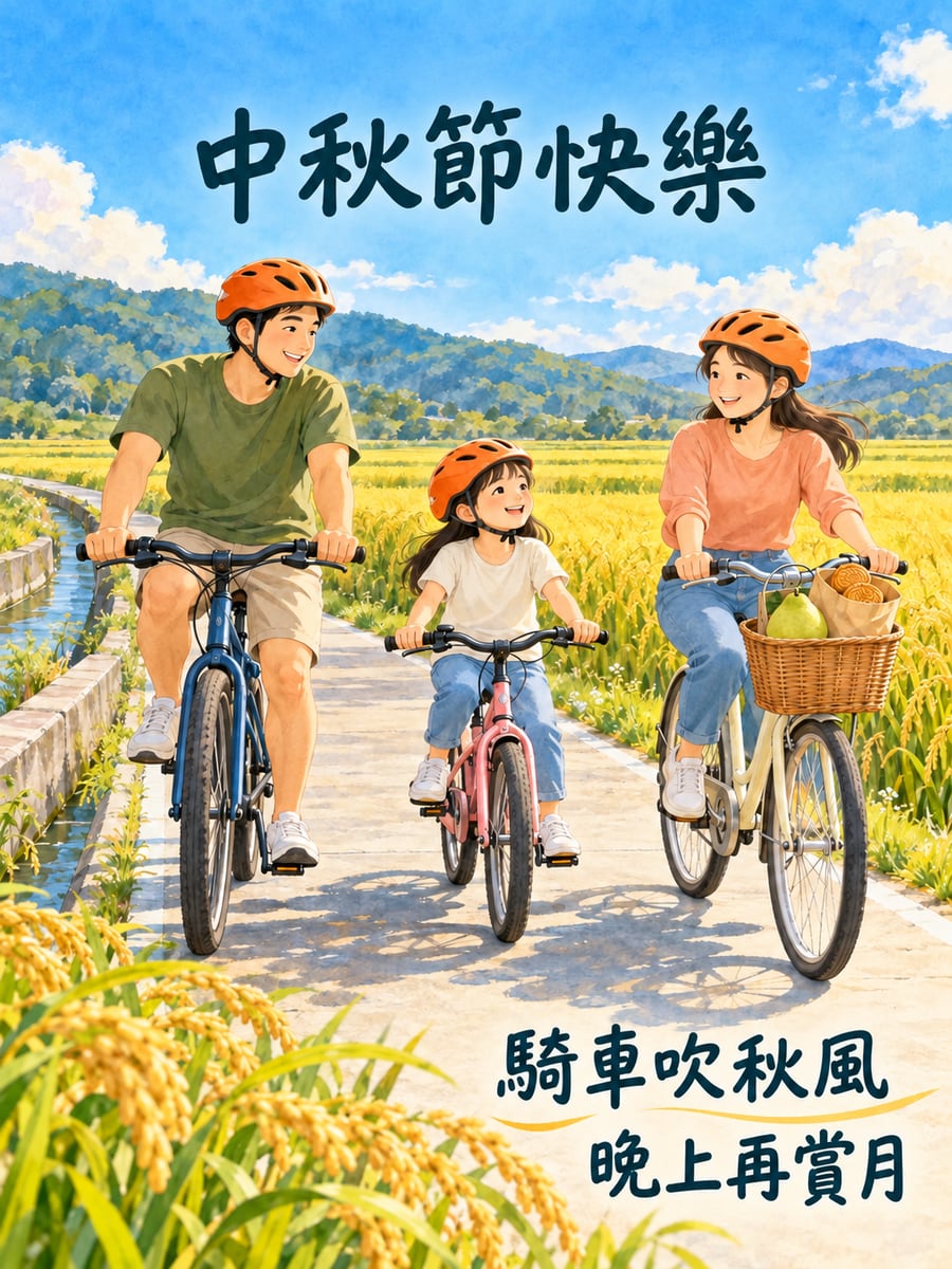 稻田邊騎單車。圖中文字：中秋節快樂，騎車吹秋風，晚上再賞月