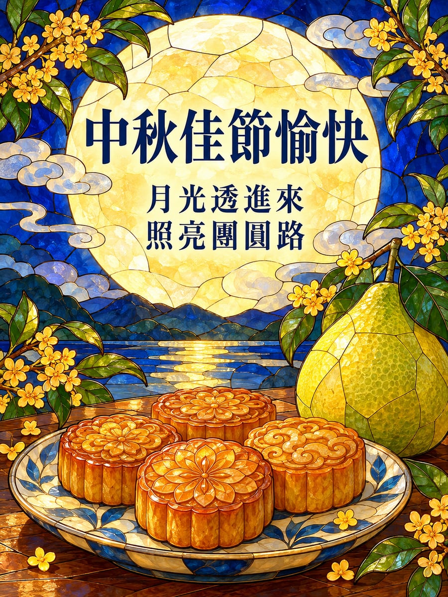 彩繪玻璃滿月。圖中文字：中秋佳節愉快，月光透進來，照亮團圓路