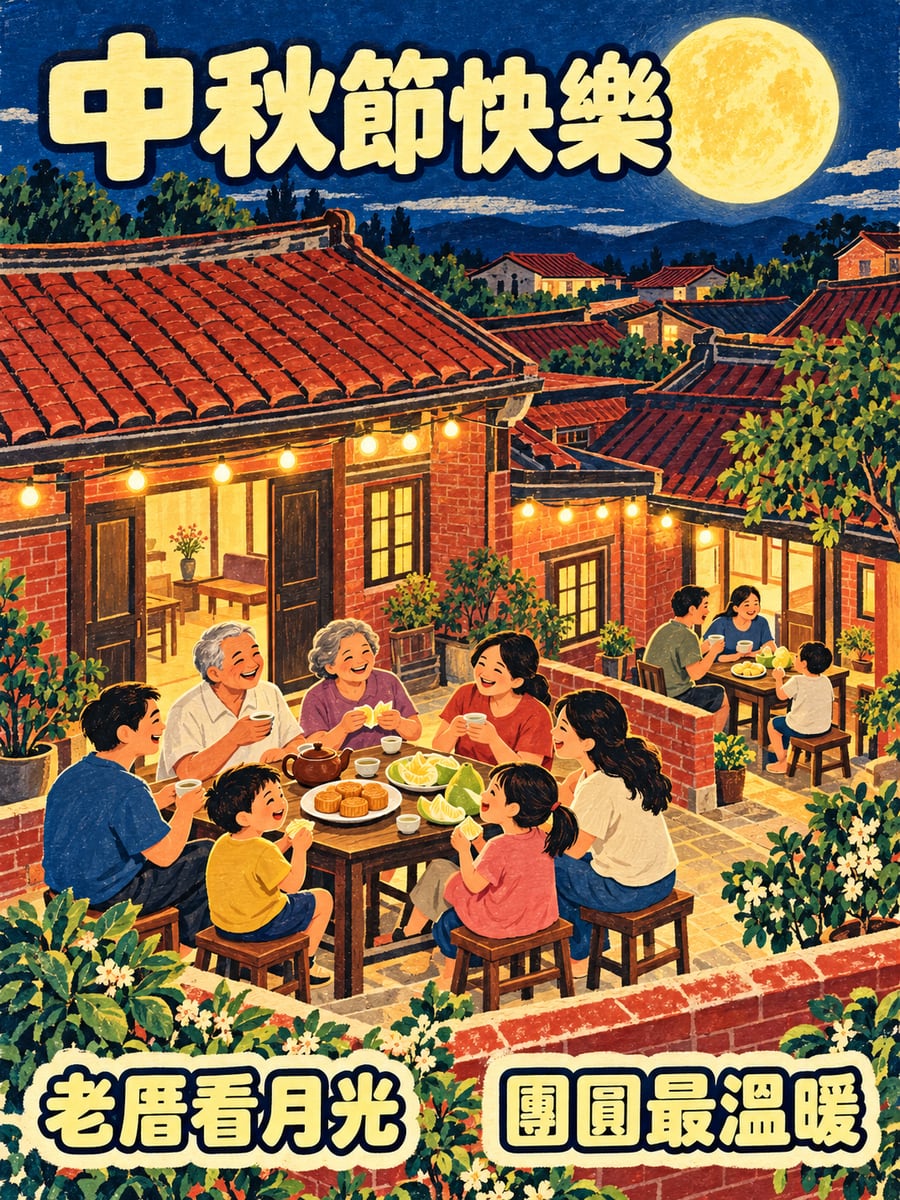 老厝看月光。圖中文字：中秋節快樂，老厝看月光，團圓最溫暖