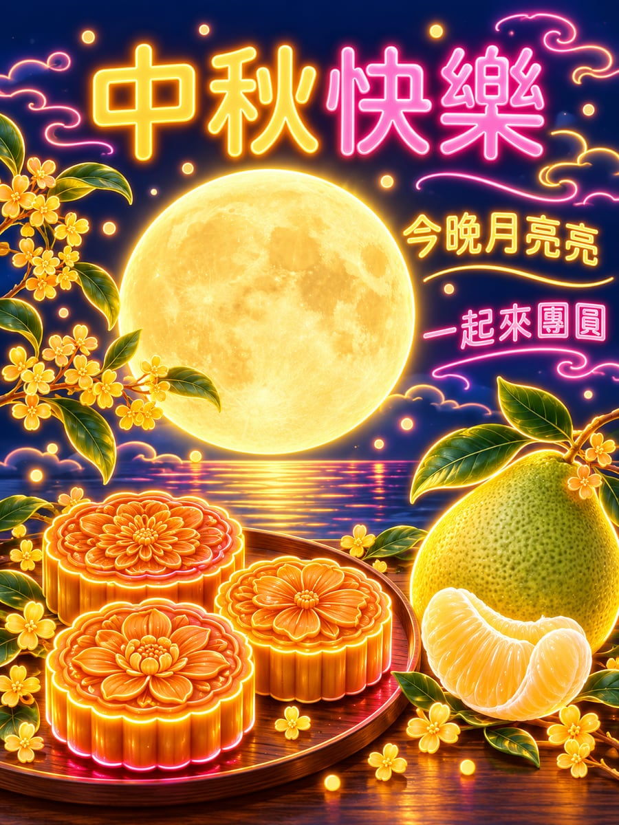 霓虹滿月。圖中文字：中秋快樂，今晚月亮亮，一起來團圓