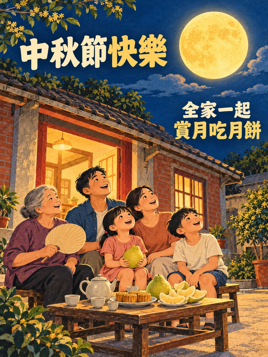 復古海報全家賞月。圖中文字：中秋節快樂，全家一起，賞月吃月餅