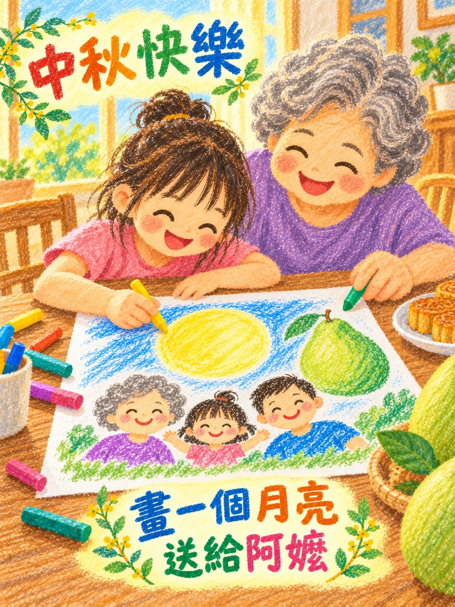 小女孩畫中秋。圖中文字：中秋快樂，畫一個月亮，送給阿嬤