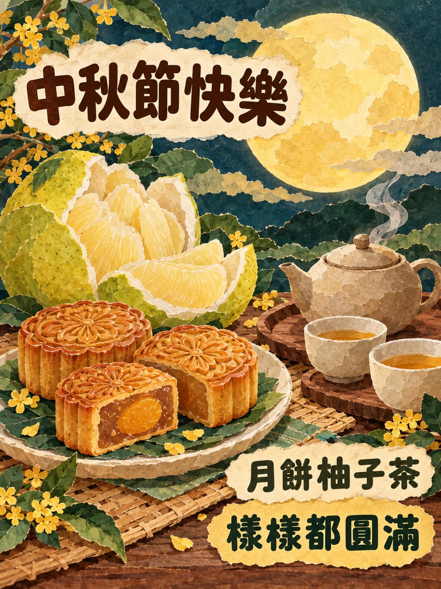 月餅柚子配熱茶。圖中文字：中秋節快樂，月餅柚子茶，樣樣都圓滿