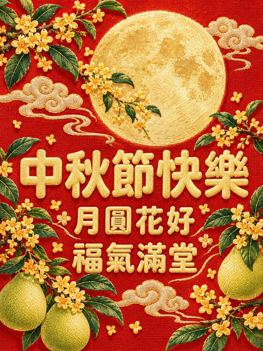 刺繡圓月。圖中文字：中秋節快樂，月圓花好，福氣滿堂