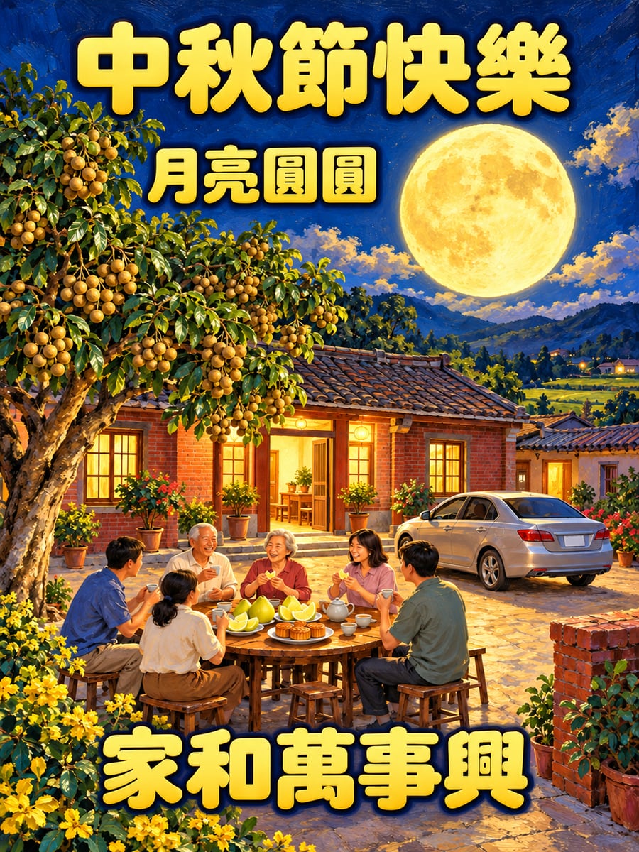 大月亮照老家。圖中文字：中秋節快樂，月亮圓圓，家和萬事興