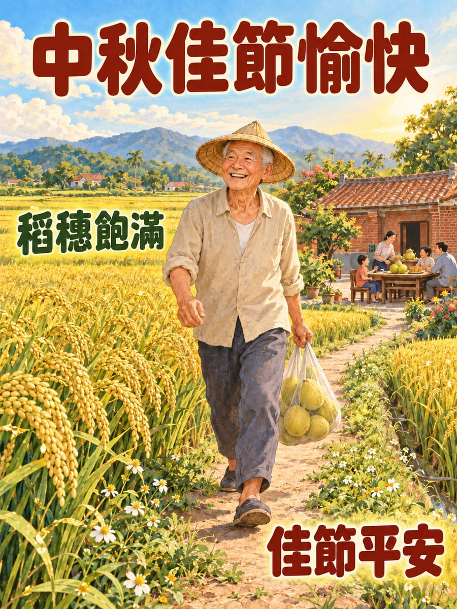 阿公提柚子走田埂。圖中文字：中秋佳節愉快，稻穗飽滿，佳節平安