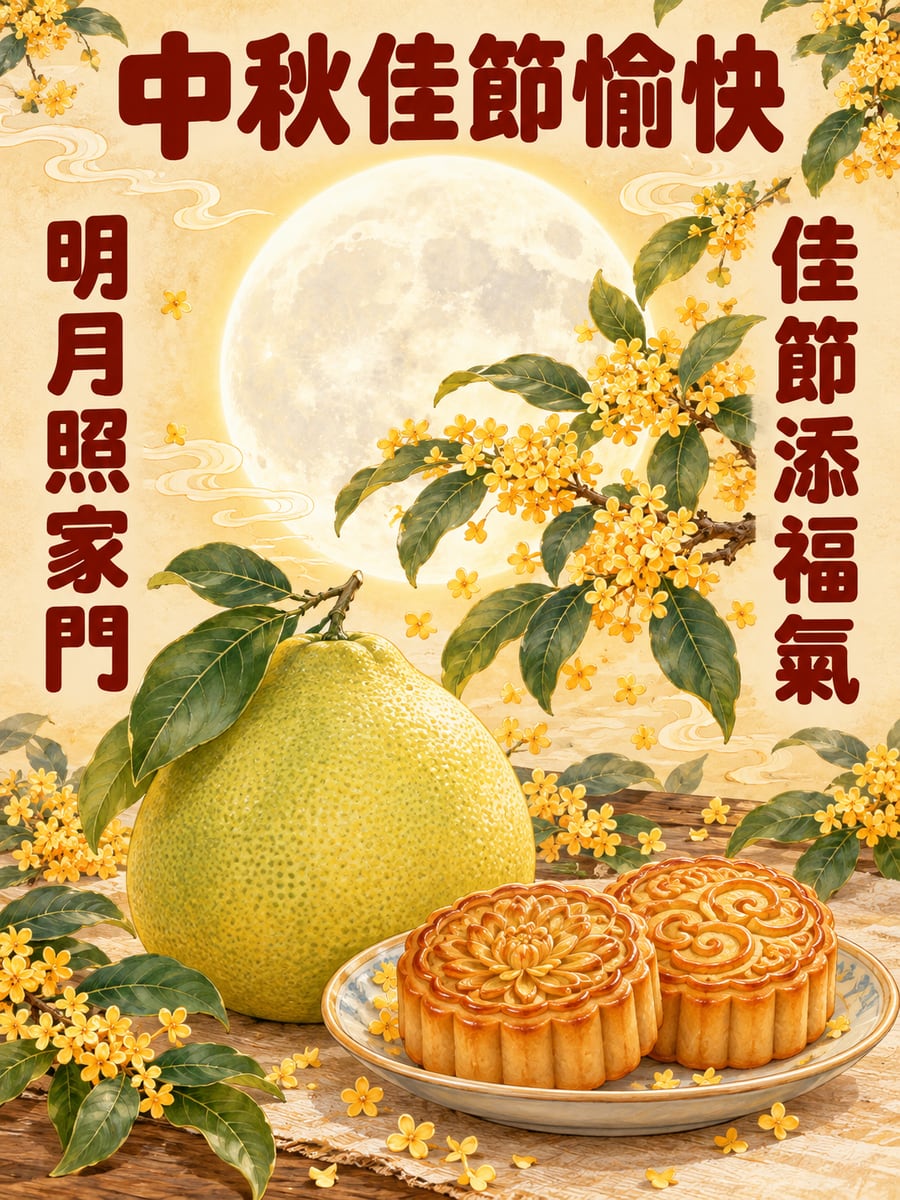 工筆明月柚子。圖中文字：中秋佳節愉快，明月照家門，佳節添福氣