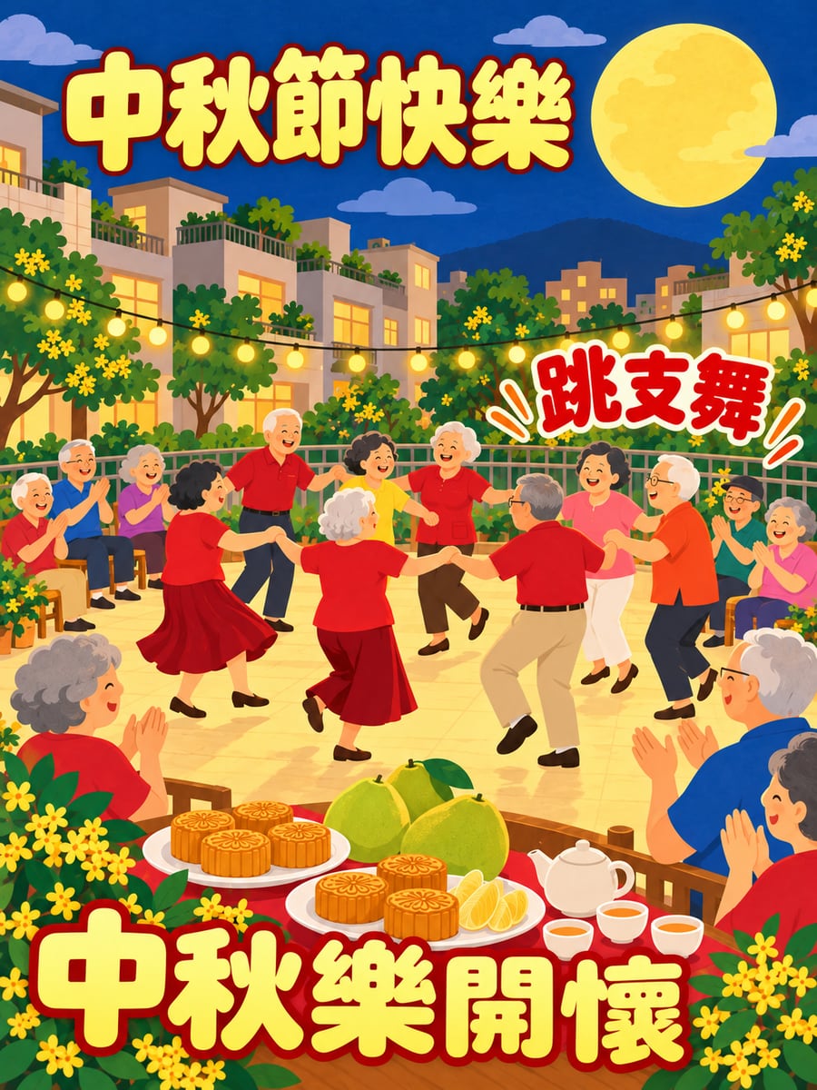 社區晚會長輩跳舞。圖中文字：中秋節快樂，跳支舞，中秋樂開懷