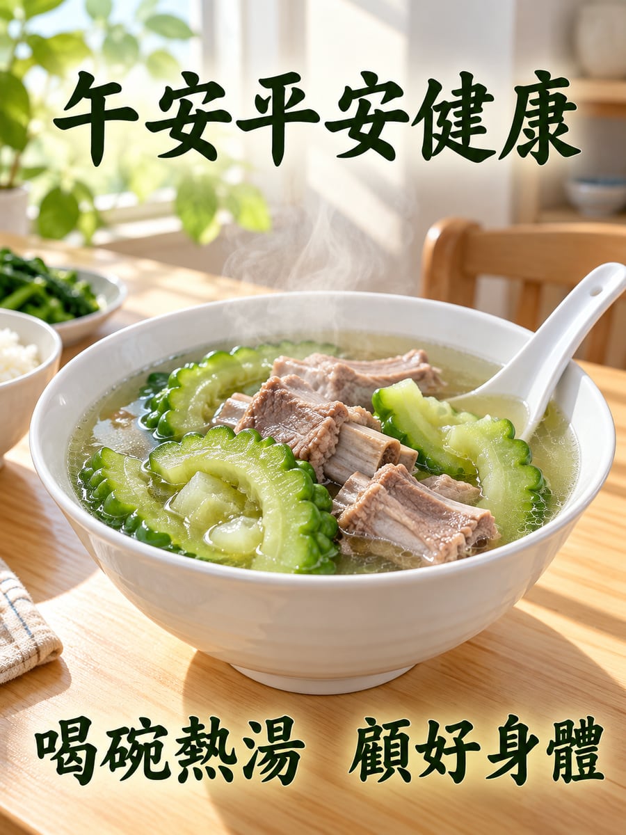 一碗苦瓜排骨湯。圖中文字：午安平安健康，喝碗熱湯，顧好身體