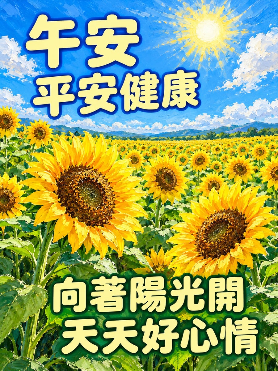 向日葵花田。圖中文字：午安平安健康，向著陽光開，天天好心情
