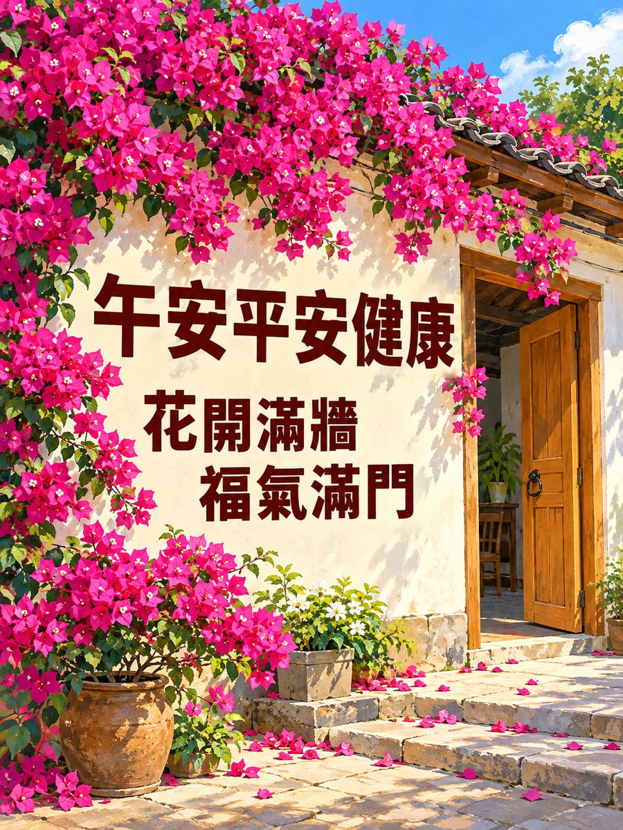 九重葛花牆。圖中文字：午安平安健康，花開滿牆，福氣滿門
