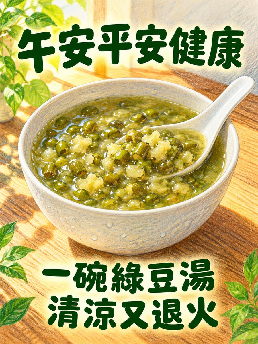 一碗綠豆湯。圖中文字：午安平安健康，一碗綠豆湯，清涼又退火