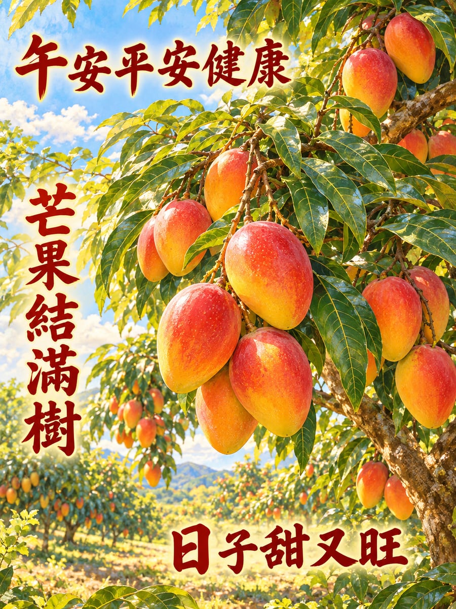 芒果結滿樹。圖中文字：午安平安健康，芒果結滿樹，日子甜又旺