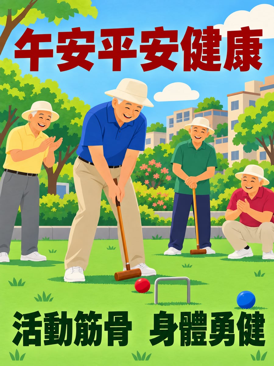 阿公打槌球。圖中文字：午安平安健康，活動筋骨，身體勇健