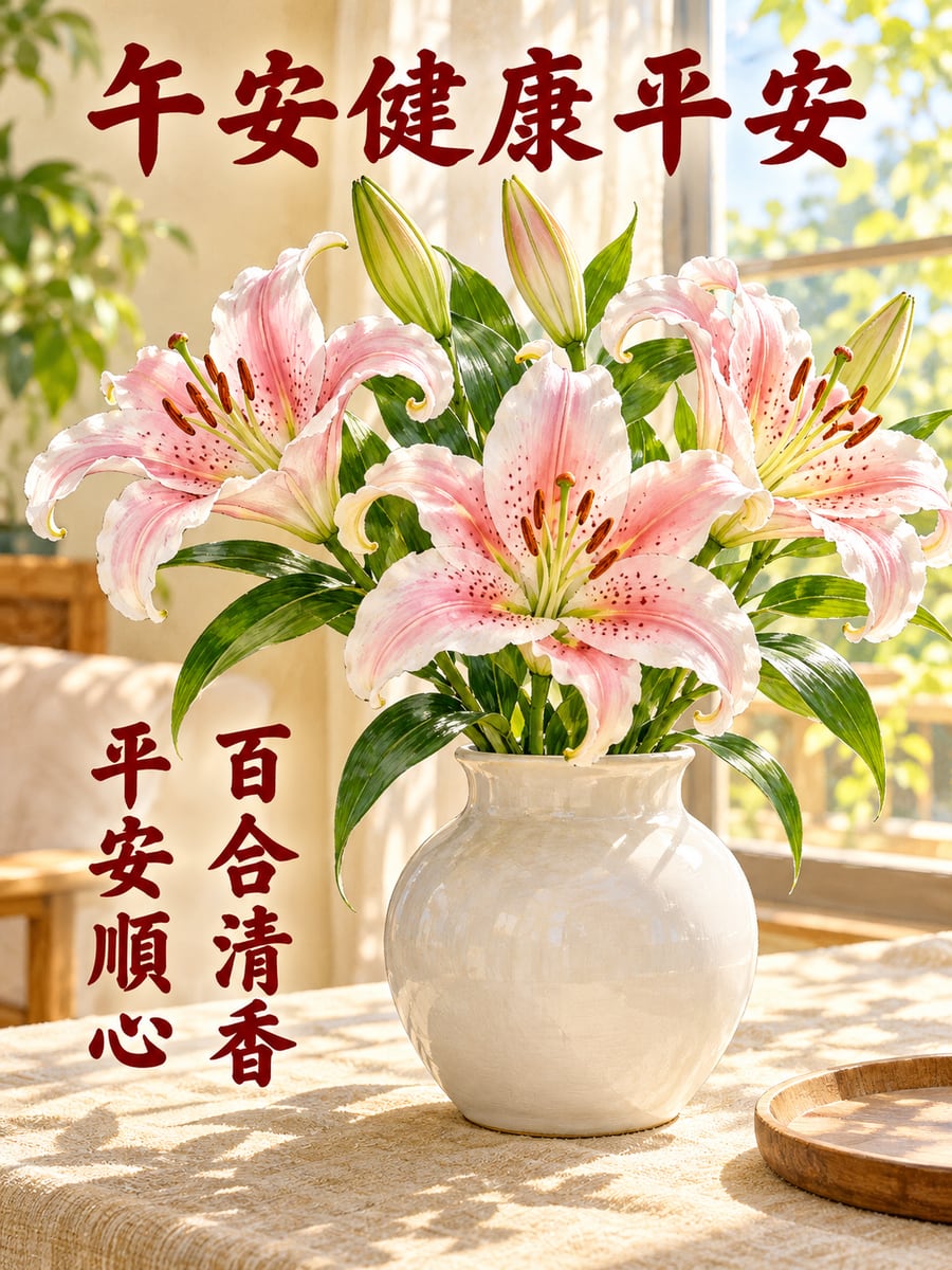 一瓶香水百合。圖中文字：午安健康平安，百合清香，平安順心