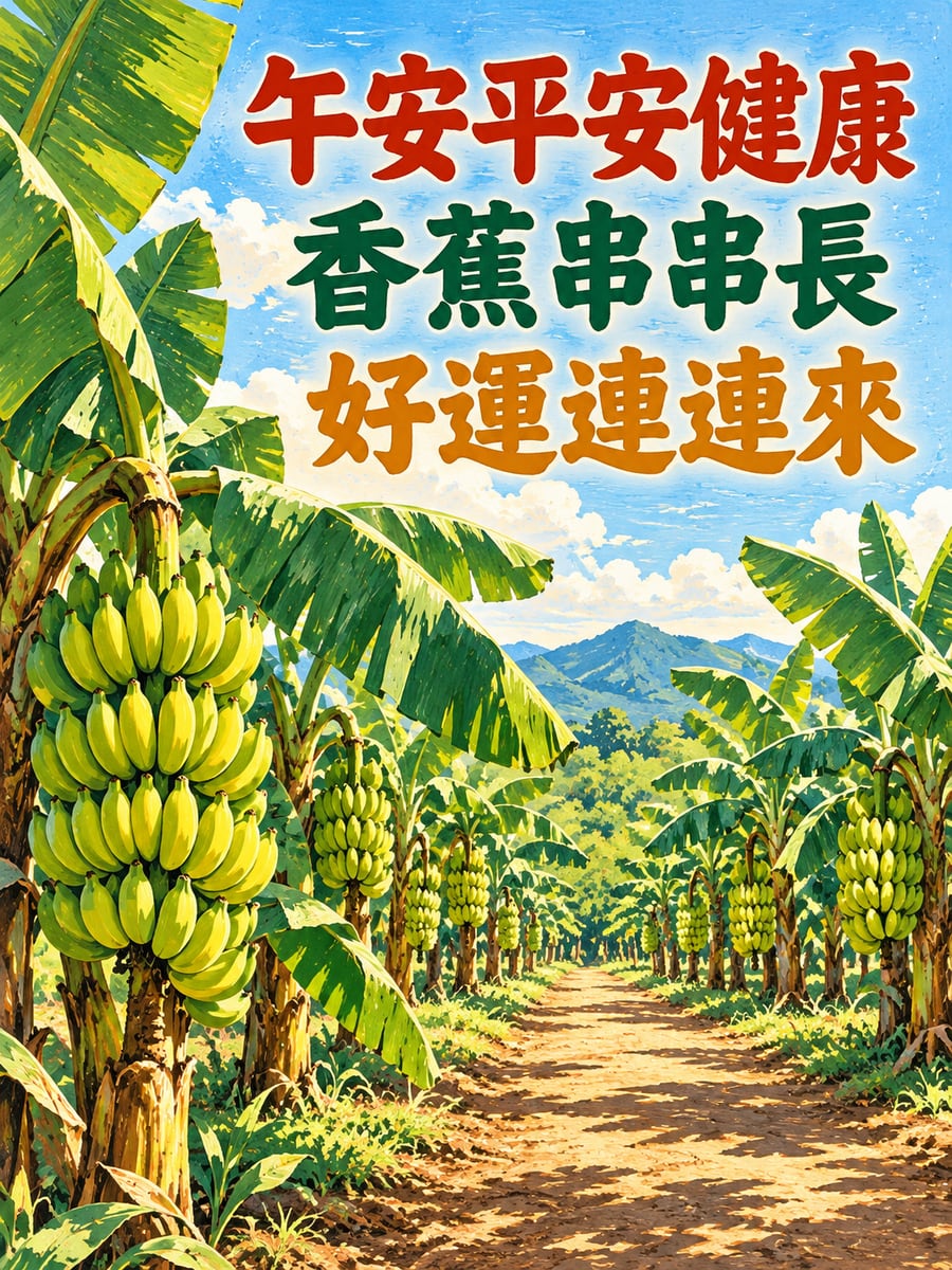 香蕉園小路。圖中文字：午安平安健康，香蕉串串長，好運連連來