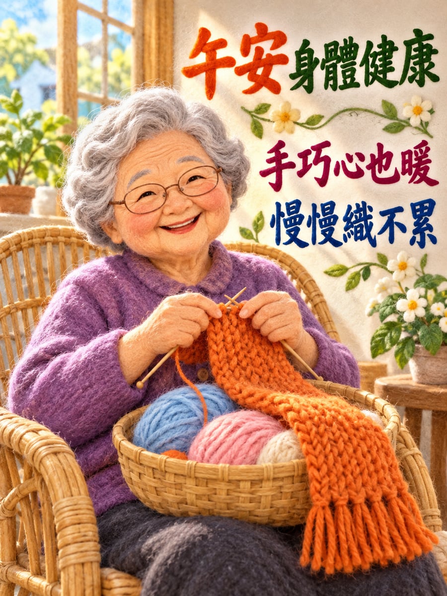 阿嬤打毛線。圖中文字：午安身體健康，手巧心也暖，慢慢織不累
