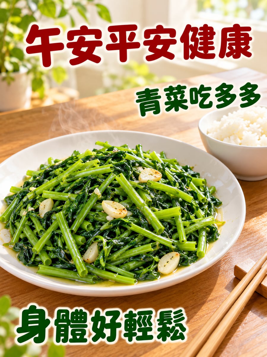 一盤炒空心菜。圖中文字：午安平安健康，青菜吃多多，身體好輕鬆