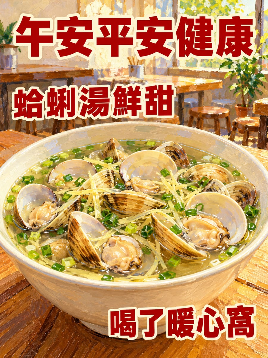 一碗蛤蜊薑絲湯。圖中文字：午安平安健康，蛤蜊湯鮮甜，喝了暖心窩