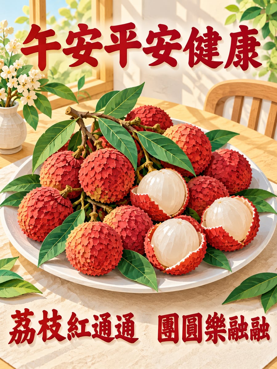 一盤紅荔枝。圖中文字：午安平安健康，荔枝紅通通，團圓樂融融