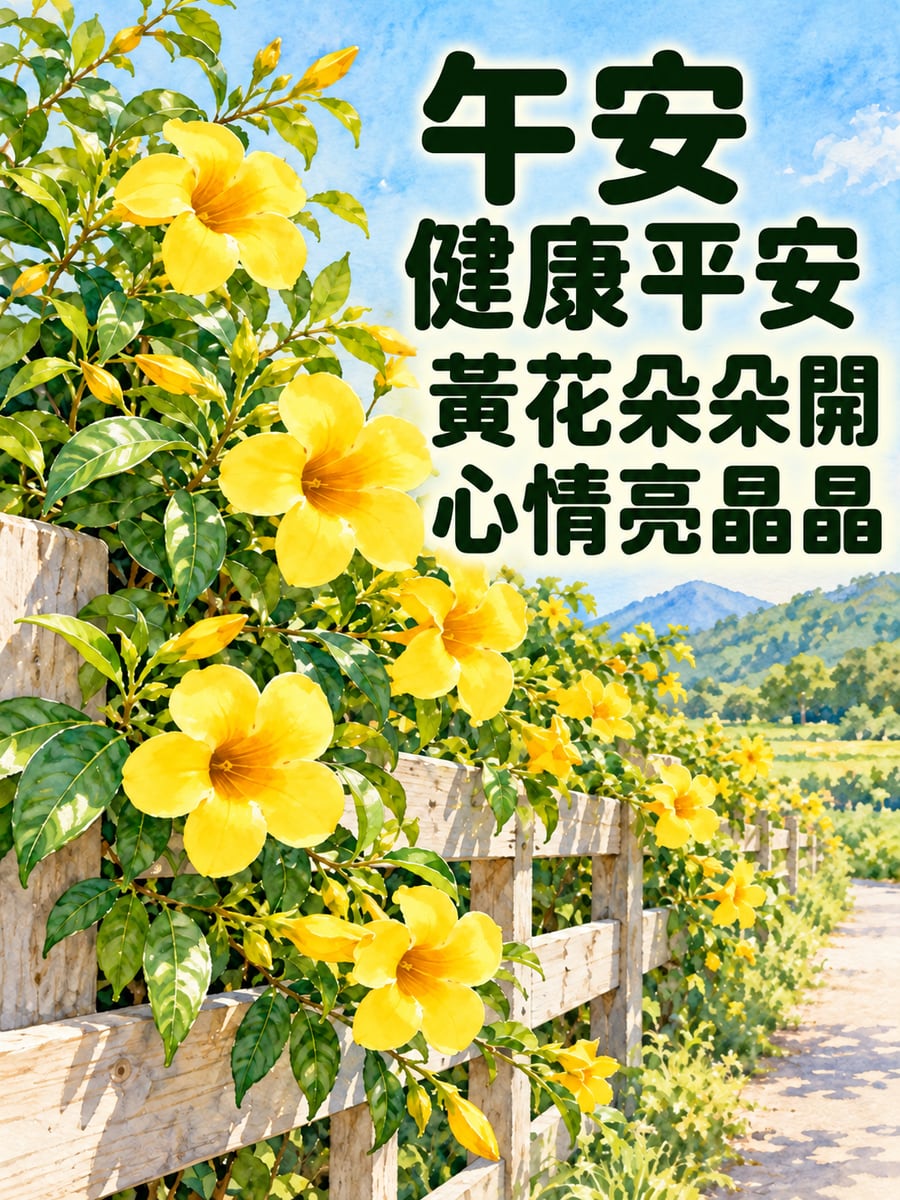 黃蟬花籬。圖中文字：午安健康平安，黃花朵朵開，心情亮晶晶