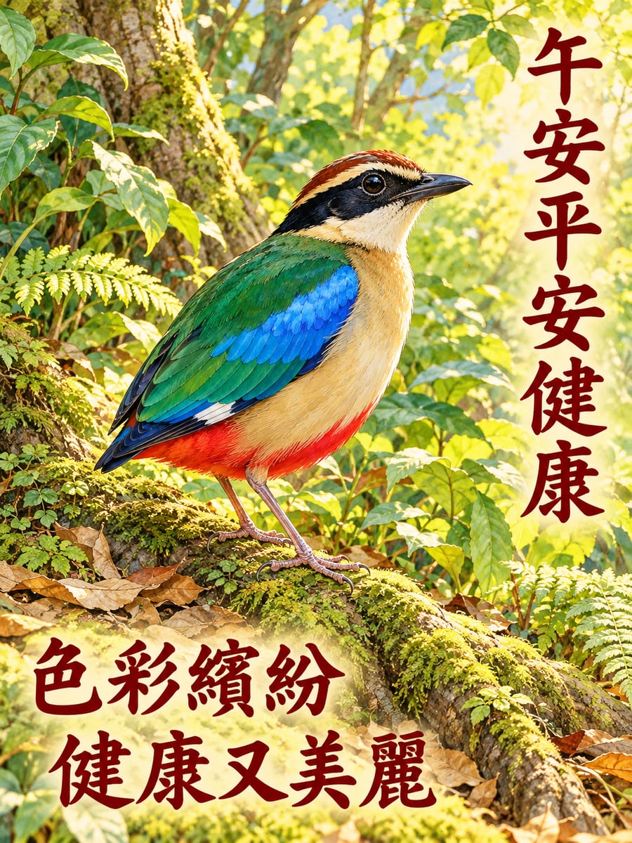 樹林裡的八色鳥。圖中文字：午安平安健康，色彩繽紛，健康又美麗