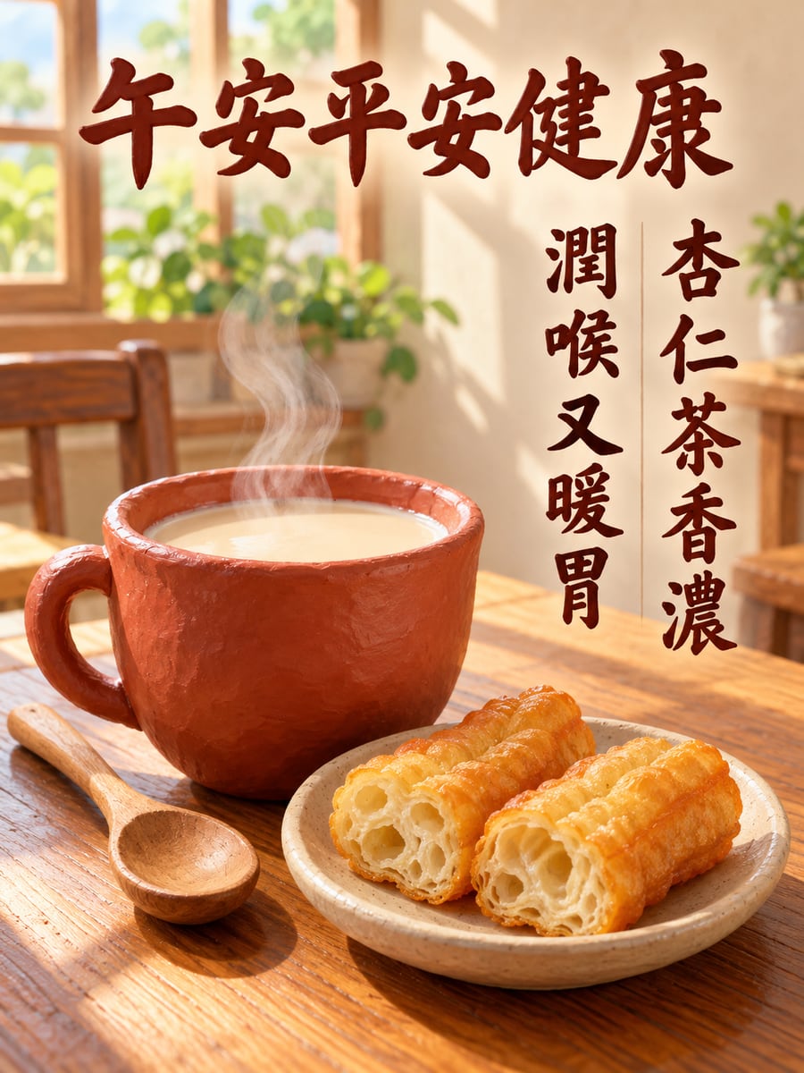 一杯杏仁茶。圖中文字：午安平安健康，杏仁茶香濃，潤喉又暖胃