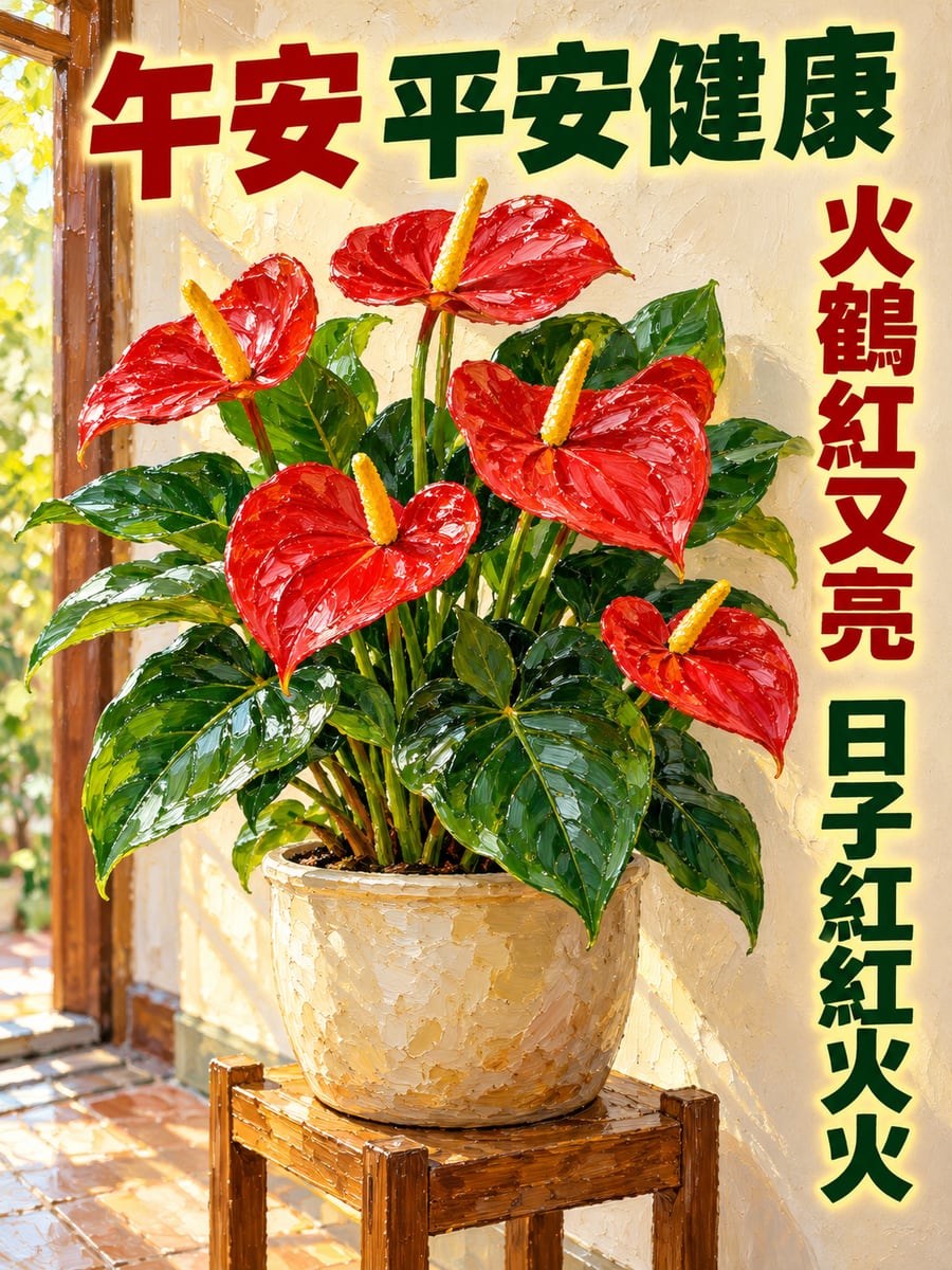 一盆火鶴花。圖中文字：午安平安健康，火鶴紅又亮，日子紅紅火火