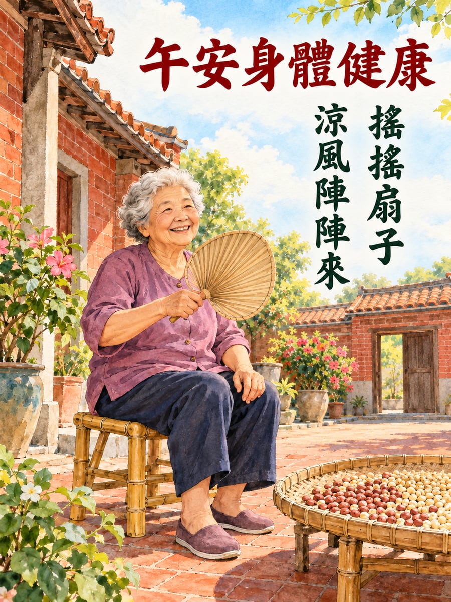 阿嬤搖蒲扇。圖中文字：午安身體健康，搖搖扇子，涼風陣陣來