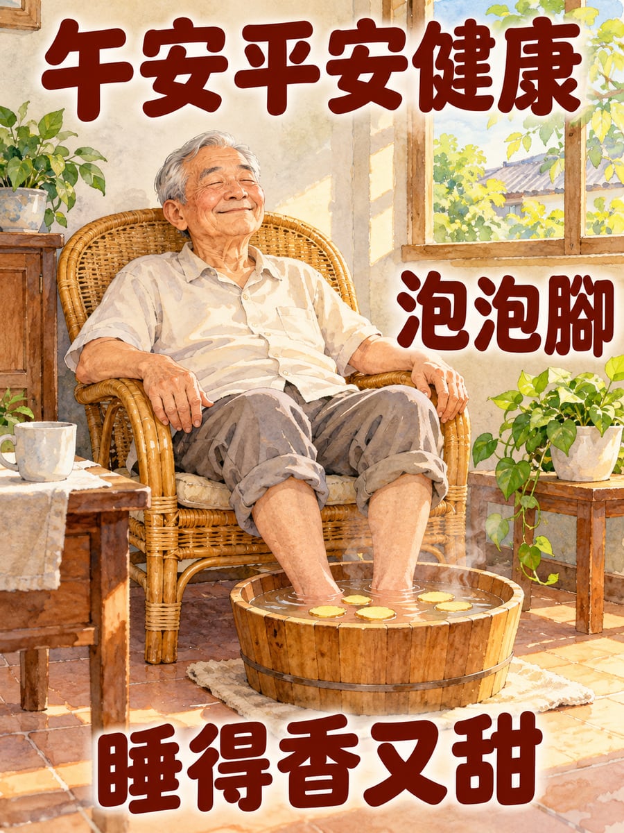 泡泡腳。圖中文字：午安平安健康，泡泡腳，睡得香又甜