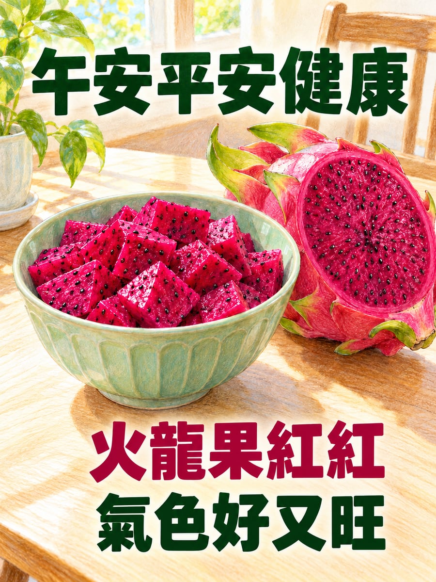 紅肉火龍果。圖中文字：午安平安健康，火龍果紅紅，氣色好又旺