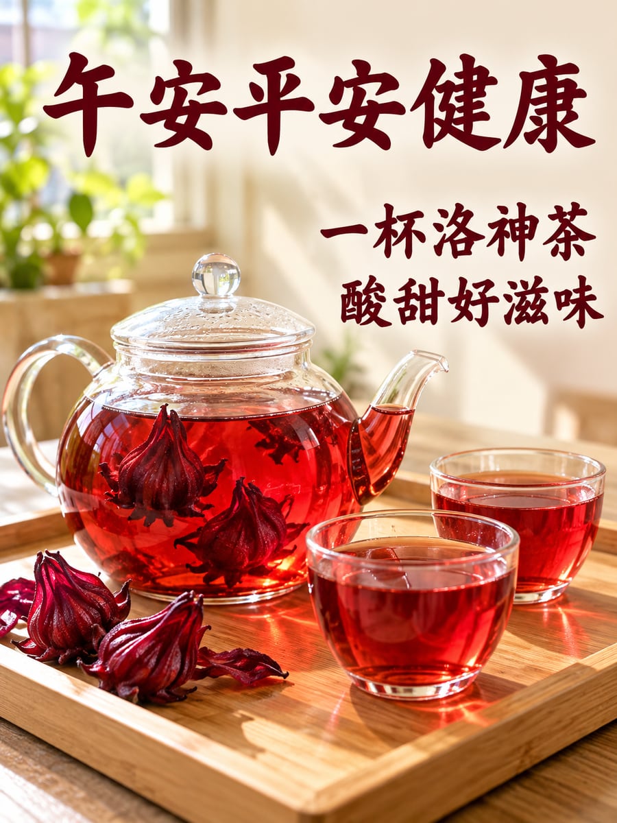 一壺洛神花茶。圖中文字：午安平安健康，一杯洛神茶，酸甜好滋味