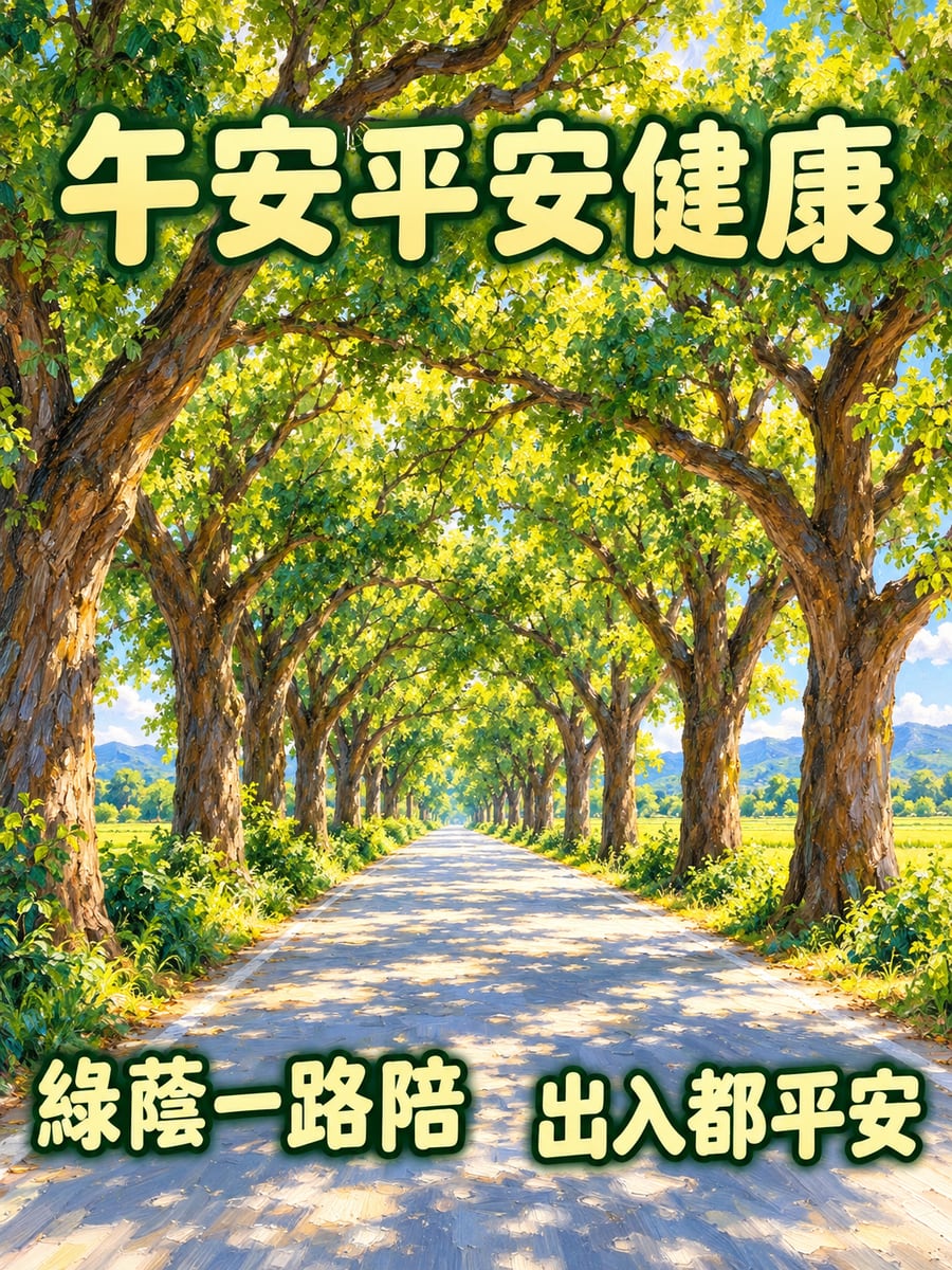 綠色隧道。圖中文字：午安平安健康，綠蔭一路陪，出入都平安