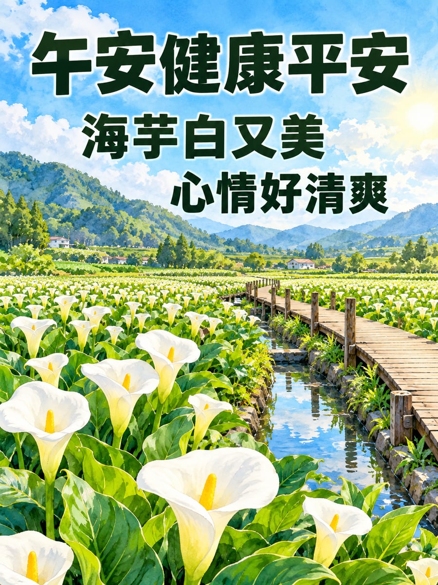 海芋花田。圖中文字：午安健康平安，海芋白又美，心情好清爽