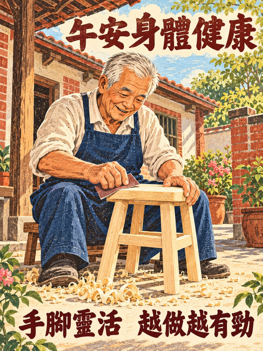 阿公做小板凳。圖中文字：午安身體健康，手腳靈活，越做越有勁