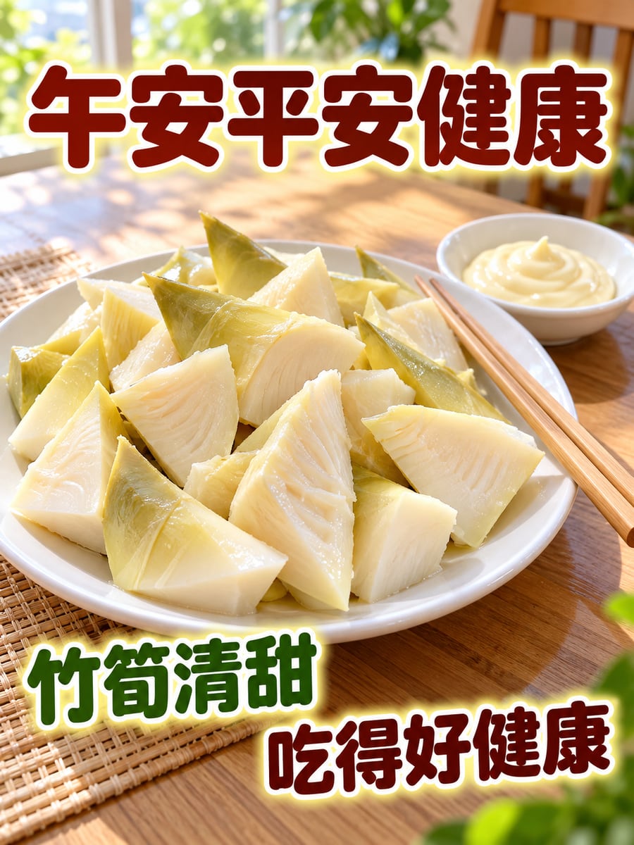 一盤涼拌竹筍。圖中文字：午安平安健康，竹筍清甜，吃得好健康